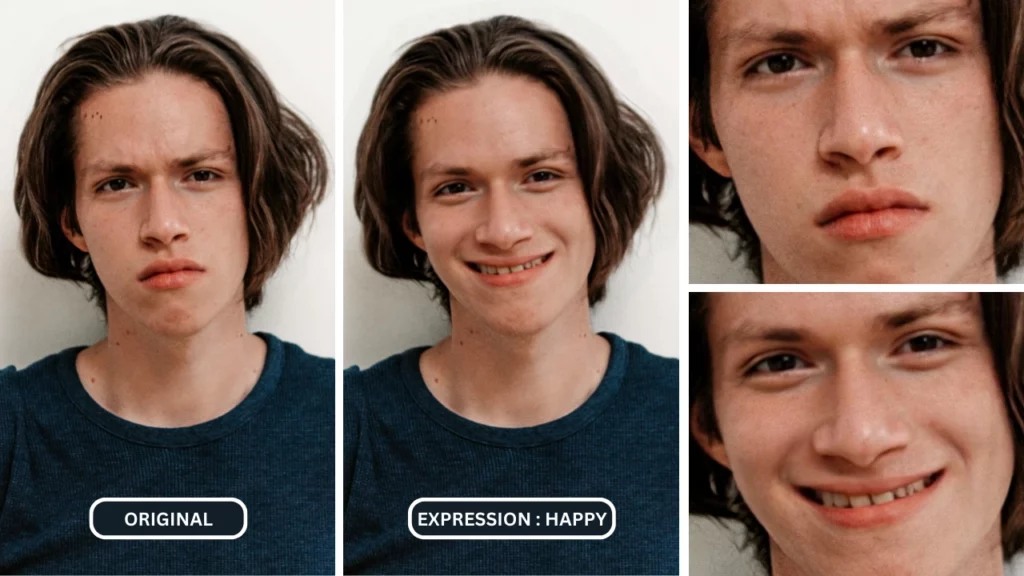 Detailliertes Rastervergleichsbild eines kleinen Jungen im blauen T-Shirt, dessen Gesichtsausdruck nach der Verwendung von EraseID in „glücklich“ wechselt