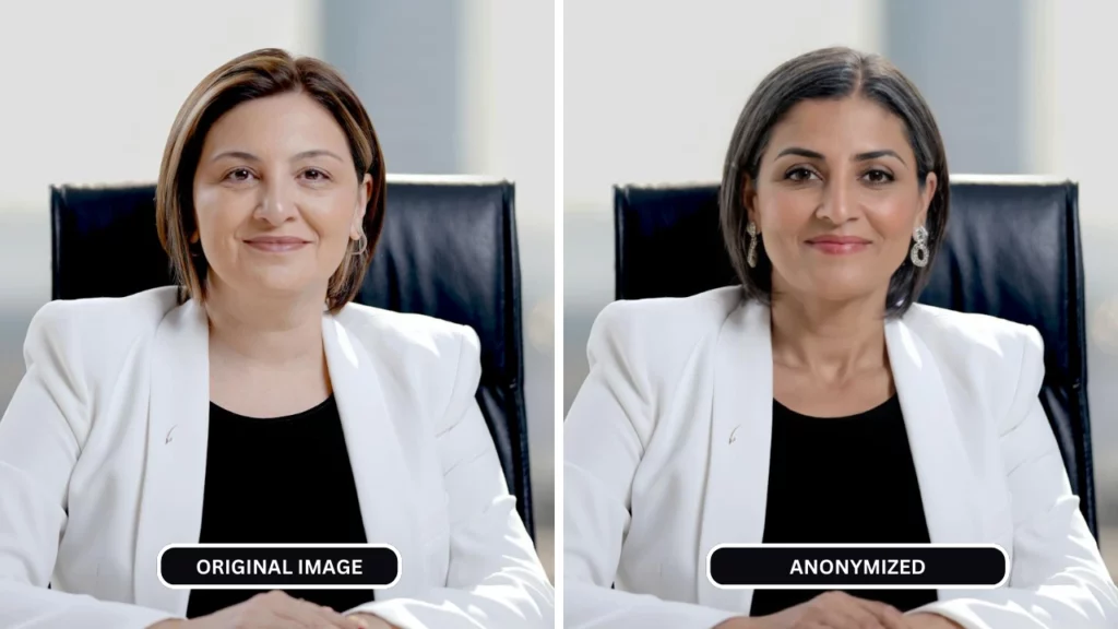 Zwei Bilder nebeneinander zum Vergleich einer Frau im weißen Blazer, anonymisiert durch KI