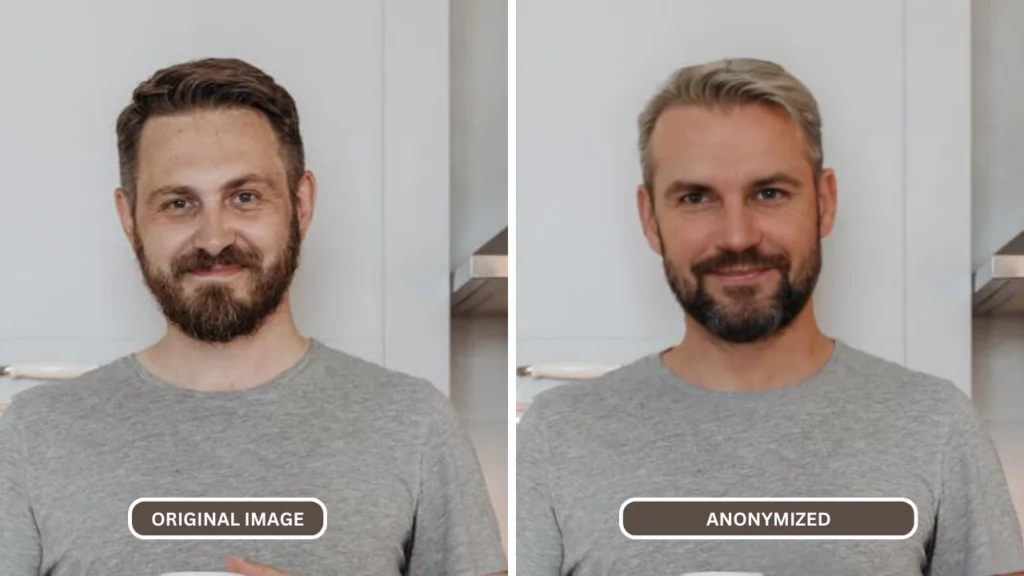 Vergleichsbilder eines Mannes im grauen T-Shirt, anonymisiert nach der Verwendung von Generate Person von PiktID