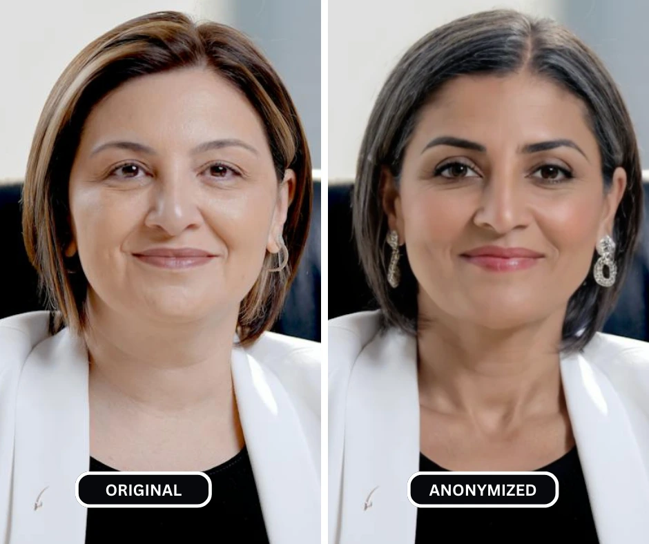Nahaufnahme eines Vergleichsbildes einer Frau mit kurzen Haaren und Ohrringen, anonymisiert durch das Verständnis der Herausforderungen, vor denen generative KI in Bezug auf Daten steht