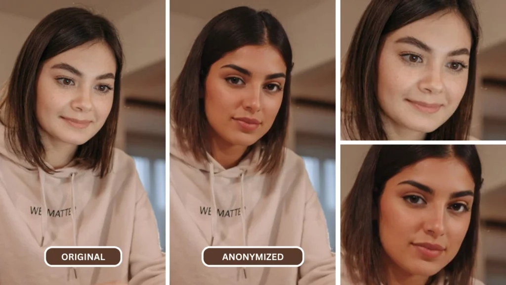 Frau im rosa Kapuzenpullover mit 4 Bildern eines anonymisierten Mädchens und 2 davon sind Nahaufnahmen des Gesichts