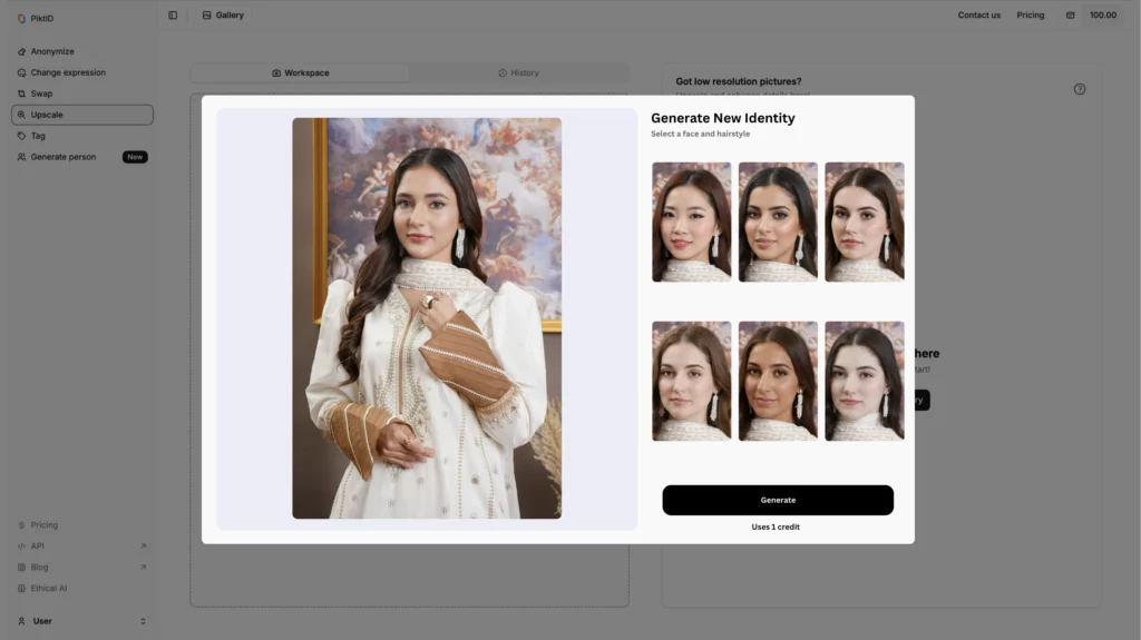 Erstellen mehrerer Identitäten mit der Funktion „Person generieren“ von PiktID auf einem Bild einer jungen Frau im traditionellen weiß-braunen Kurti und mit Diamantohrringen