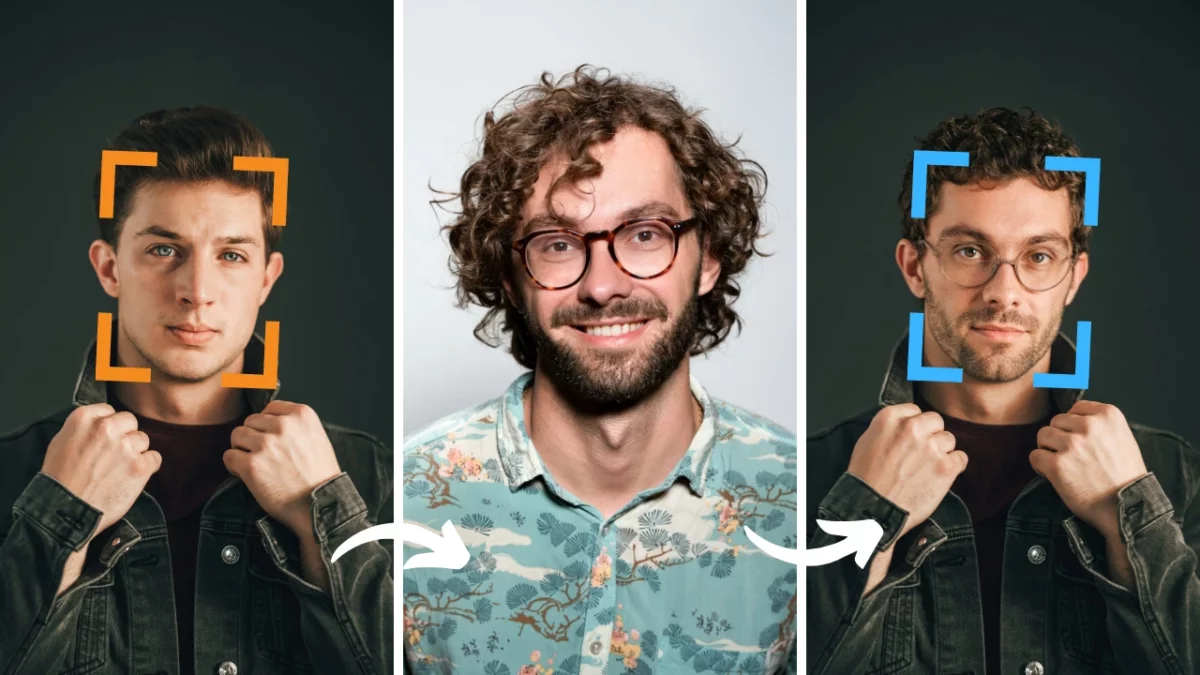 Intercambio de rostros por parte de SwapID en una imagen de un hombre joven con ojos azules, transformada en un hombre con gafas.