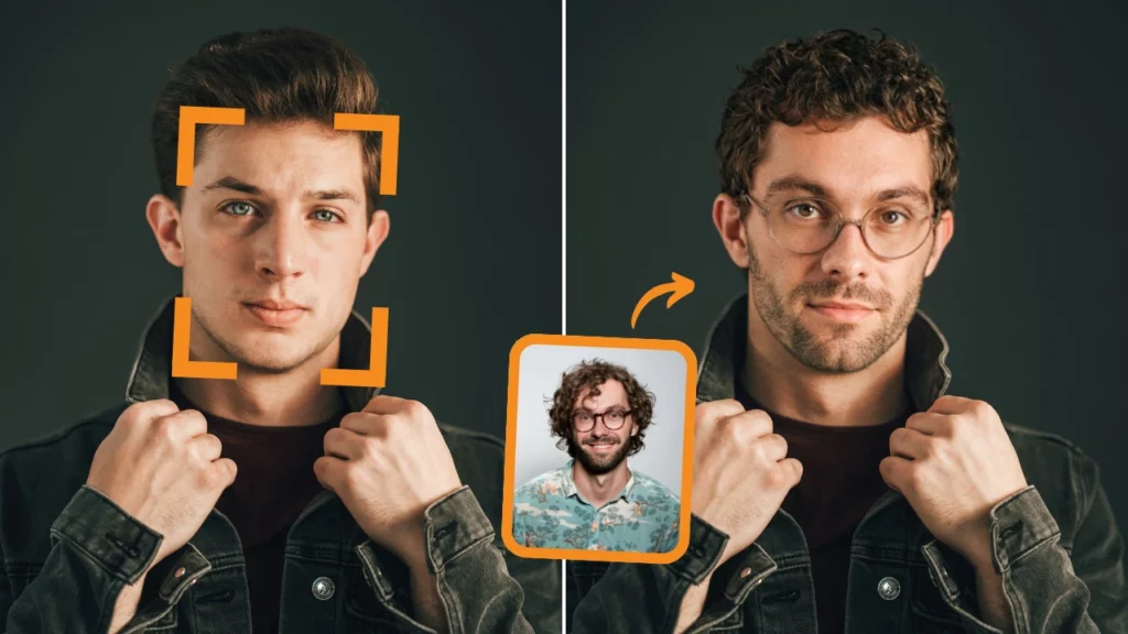Comparación lado a lado de un intercambio de caras de un hombre con chaqueta gris usando SwapID
