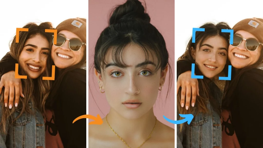 Ilustración del proceso de intercambio de caras con dos personas abrazándose en una playa a la izquierda, marcadas con líneas naranjas de reconocimiento facial, y una foto central de otra persona. A la derecha se muestran las mismas dos personas después del intercambio de caras, marcadas con líneas azules. Las flechas naranjas y azules indican la dirección del intercambio.