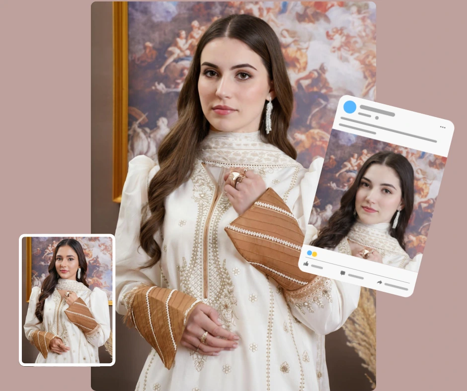 Erfahren Sie, was ein KI-Modell ist und erstellen Sie es mit Generate Person von PiktID, angewendet auf eine Vorgabe der Social-Media-Plattform auf der rechten Seite.