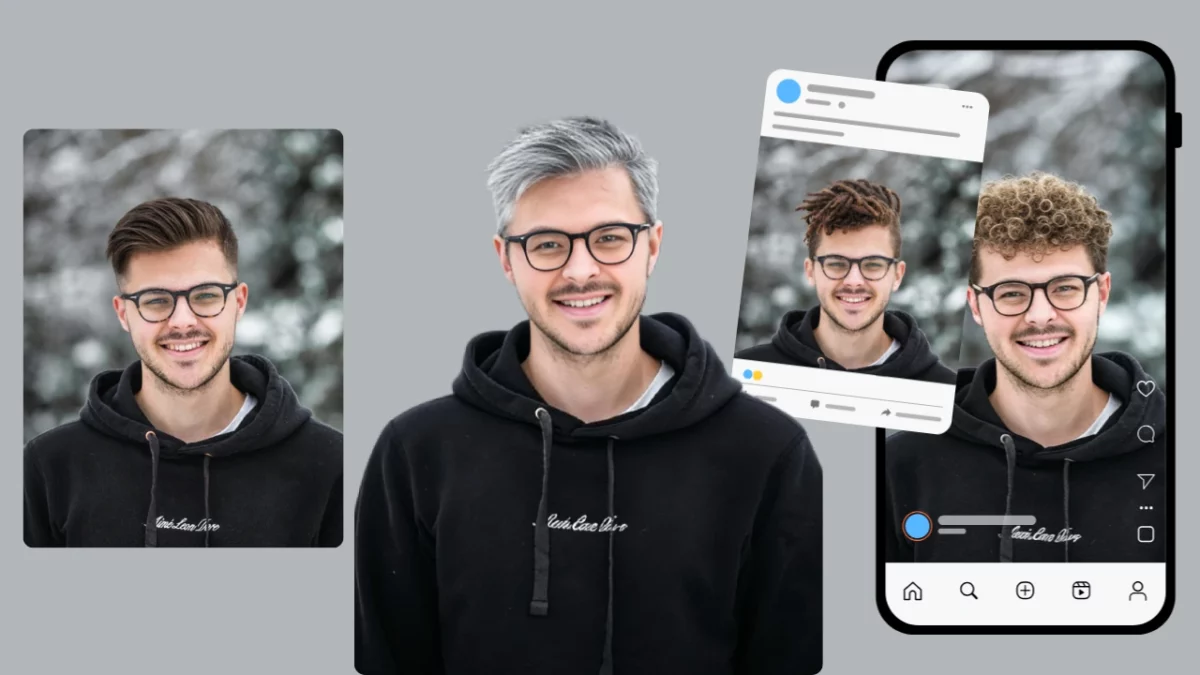 Preajuste de redes sociales de Instagram de un hombre con sudadera con capucha y diferentes peinados creado por AI Hair style Changer - PiktID