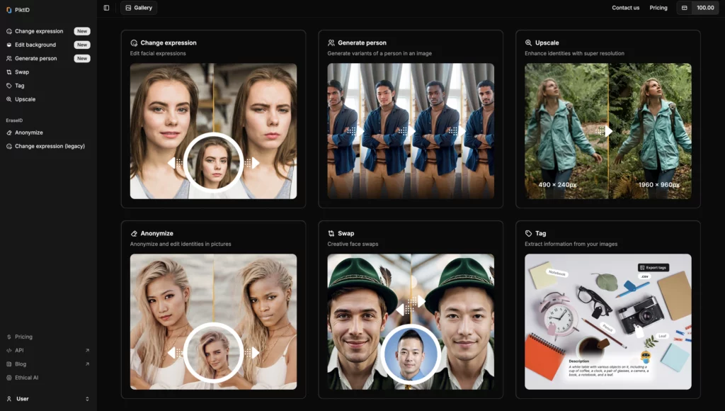 Captura de pantalla del estudio de PiktID que muestra varias ofertas de la plataforma que indican Cambiar expresión, Generar persona, Escalar, Anonimizar, Intercambiar y Etiquetar