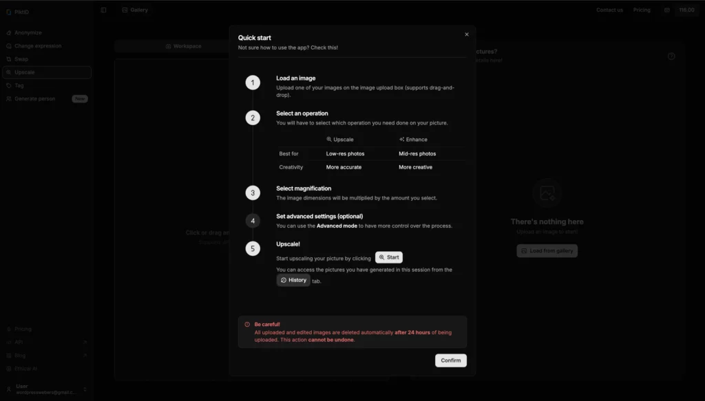 Guida rapida fornita da Upscale su PiktID dove puoi avere istruzioni chiare per ottenere il massimo dalla piattaforma