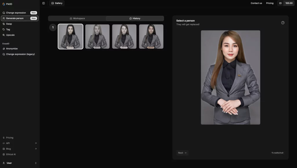 Captura de pantalla que muestra la plataforma PiktID que muestra 4 pestañas de una mujer con traje gris con diferentes etnias y en el lado derecho la imagen original de la misma mujer.