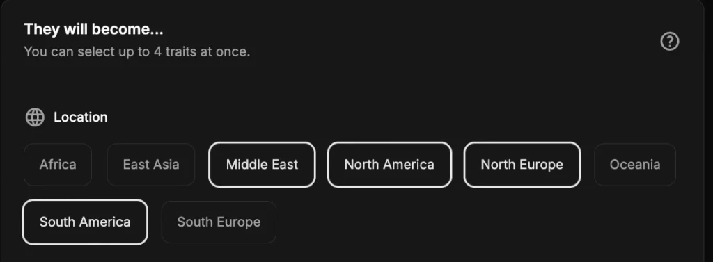 Captura de pantalla de la función Generar persona de PiktID centrada en la ubicación de la persona que se creará y las opciones son África, Asia Oriental, Medio Oriente, América del Norte, Europa del Norte, Oceanía, América del Sur y Europa del Sur.