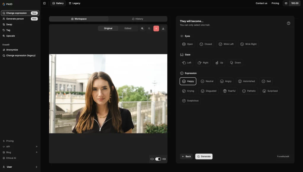 Subir una imagen sin procesar de una niña con cabello castaño y top negro en la función de cambio de expresión de piktID