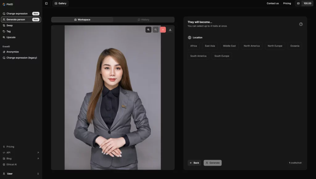 Captura de pantalla de la plataforma PiktID centrada en la función Generar persona, que muestra la imagen de una mujer china con traje gris y, a la derecha, la opción de crear una nueva identidad desde múltiples ubicaciones.