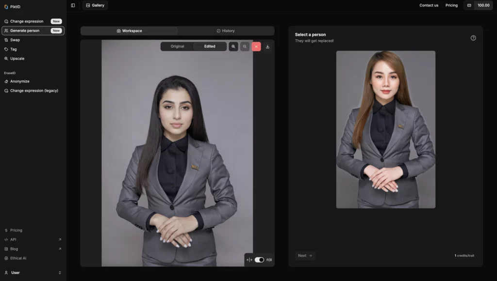 Captura de pantalla de la plataforma PiktID, enfocada en el espacio de trabajo de una mujer con traje gris de origen de Oriente Medio y junto a ella la imagen original de la misma mujer de origen chino y cabello rojo debajo de la pestaña seleccionar una persona