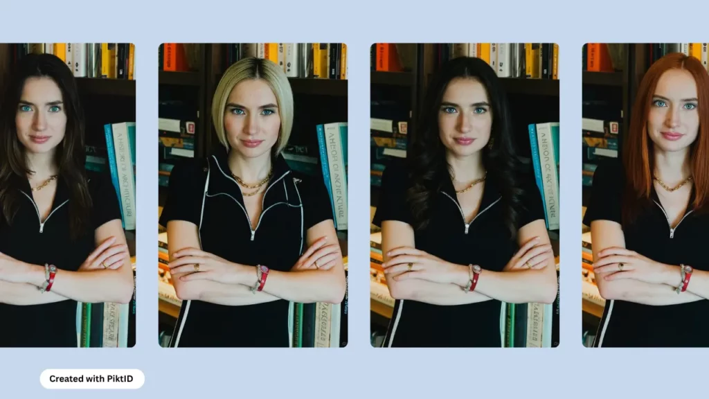 Un cambiador de estilo de cabello con inteligencia artificial llamado PiktID muestra cuatro imágenes de la misma mujer vestida de negro con las manos juntas y con diferentes peinados y colores de cabello.