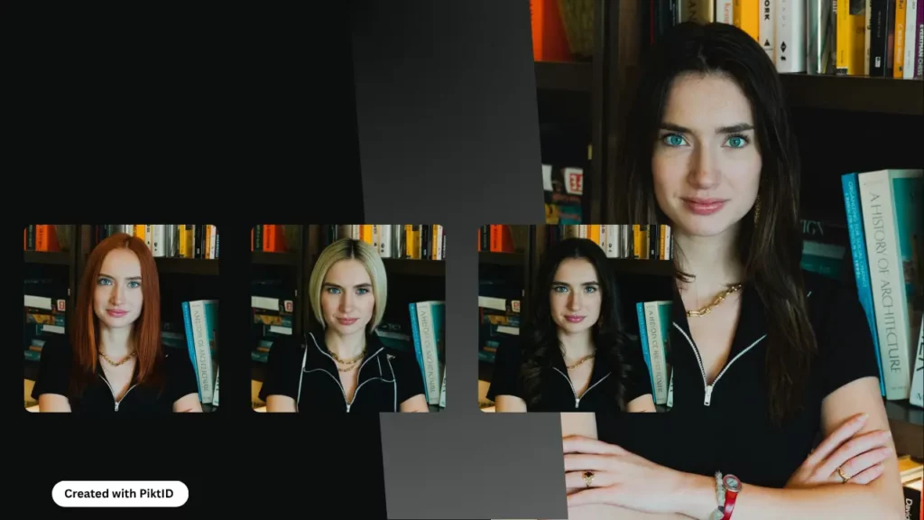 Tres pestañas de una mujer con ojos azules y traje negro y una imagen ampliada a la derecha de la misma chica con cabello negro y peinado ondulado.