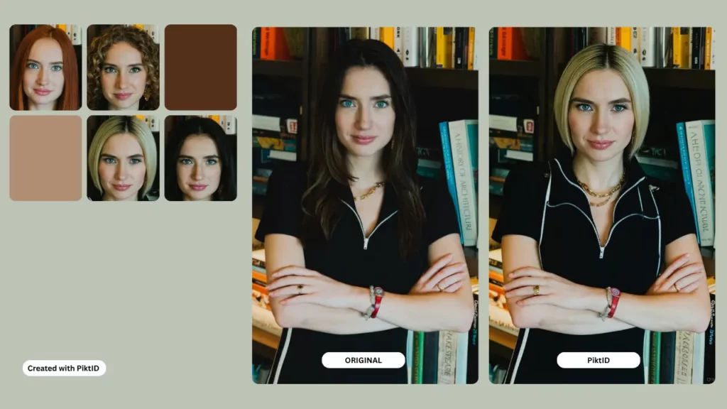 A la izquierda, cuatro imágenes de cerca de una niña con ojos azules con diferentes peinados y en el centro la imagen original de una niña con traje negro y a la derecha la misma niña con cabello rubio y corto después de usar AI Hair style Changer llamado PiktID