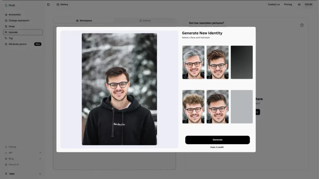 Captura de pantalla de la interfaz de PiktID con una ventana emergente de un niño con una sudadera con capucha negra y, a la derecha, debajo de la pestaña "Generar nueva identidad", el mismo niño con diferentes peinados y color de cabello.