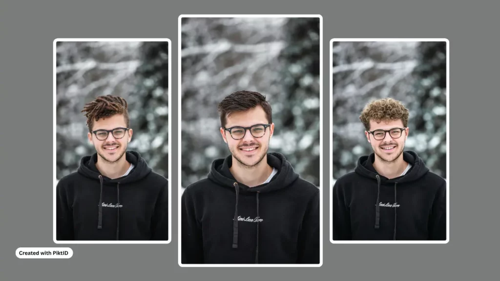 Tres imágenes de un hombre con sudadera negra y gafas, con diferentes peinados: afro, liso y trenzas.