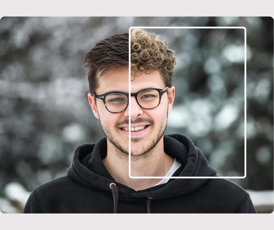 Una superposición de media cara de un hombre con dos peinados diferentes con un fondo borroso.