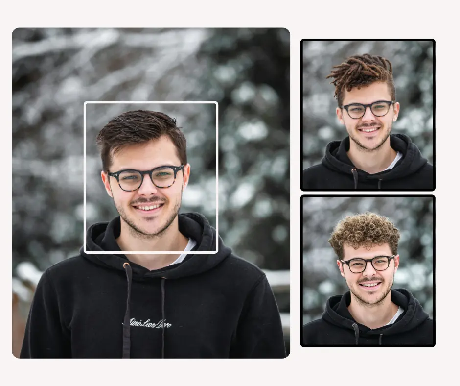 Una imagen ampliada de un hombre con gafas y sudadera con capucha sonriendo y junto a la imagen dos pestañas del mismo tipo con un peinado afro y trenzas.