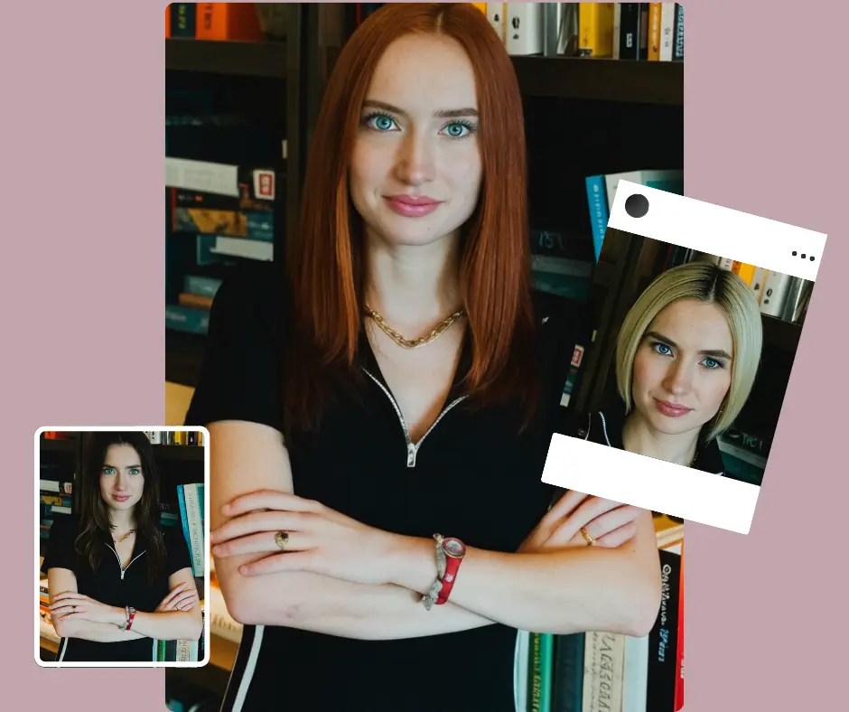 Tres imágenes de la misma mujer con traje negro diseñadas en un ajuste preestablecido de redes sociales de Instagram.