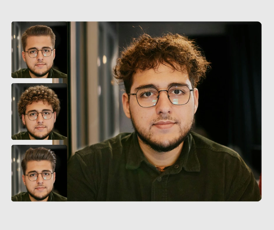 Junger Mann mit zerzaustem Haar und Brille in der Mitte und 3 Registerkarten auf der linken Seite des gleichen Mannes mit unterschiedlichen Frisuren