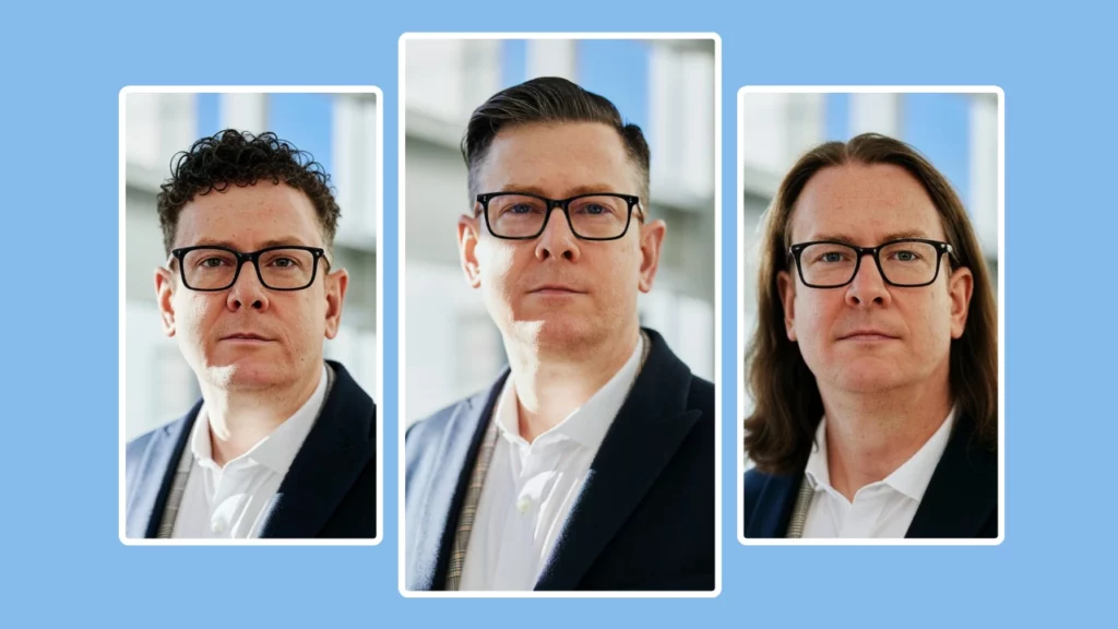 Geschäftsmann im blauen Anzug mit drei verschiedenen Frisuren