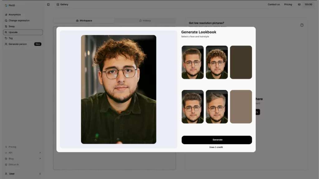 Screenshot der PiktID-Plattform als KI-Haarschnitt-Tool zur Generierung eines Lookbooks eines jungen Mannes mit unordentlichem braunem Haar und Brille in der Mitte und daneben in den Registerkarten vier Bilder desselben Mannes mit unterschiedlichen Frisuren