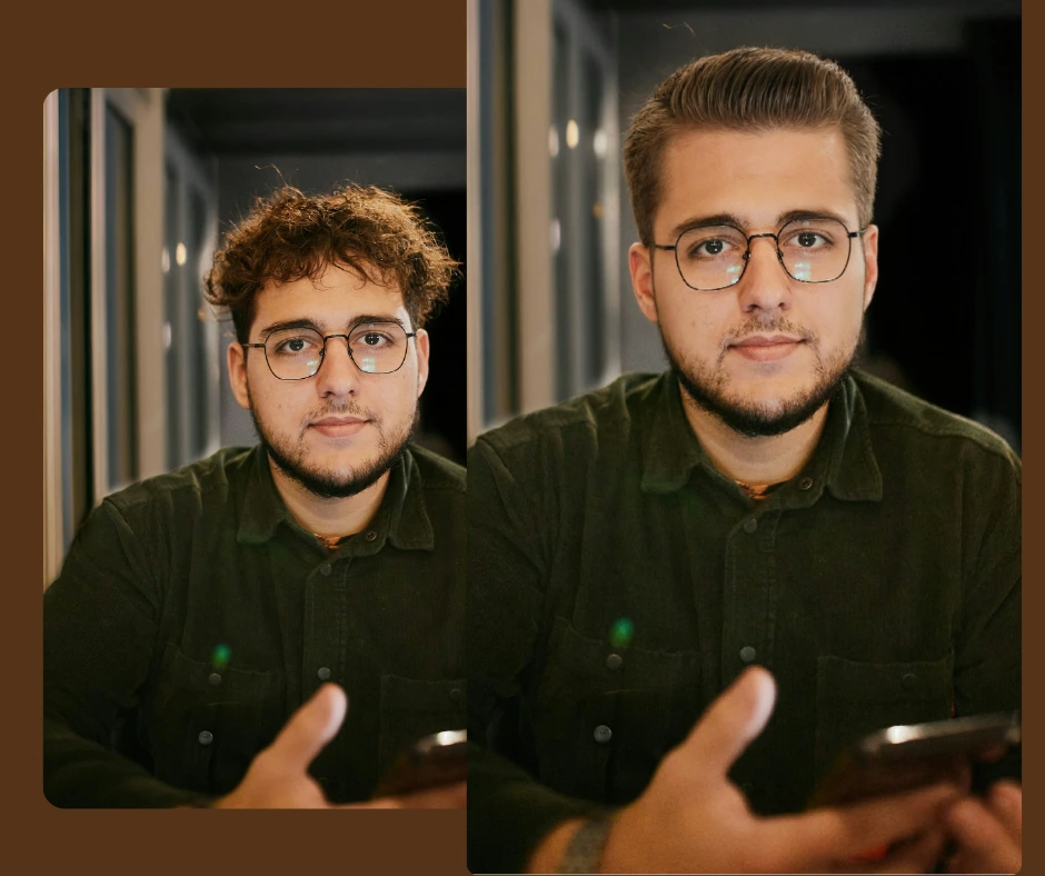 Originalbild eines Mannes in grünem Hemd und Brille auf der linken Seite und ein vergrößertes Bild desselben jungen Mannes mit Bürstenschnitt