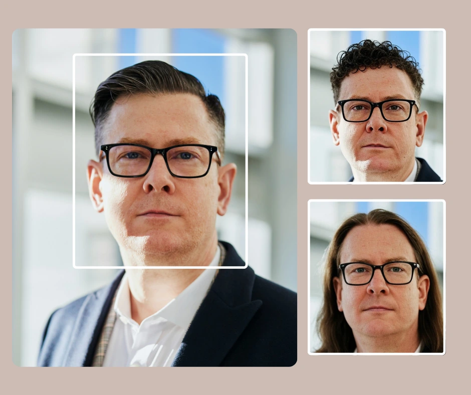 Originalbild eines Mannes im blauen Anzug und mit Brille links mit vergrößertem Bild und daneben rechts derselbe Mann mit lockiger und langer Frisur