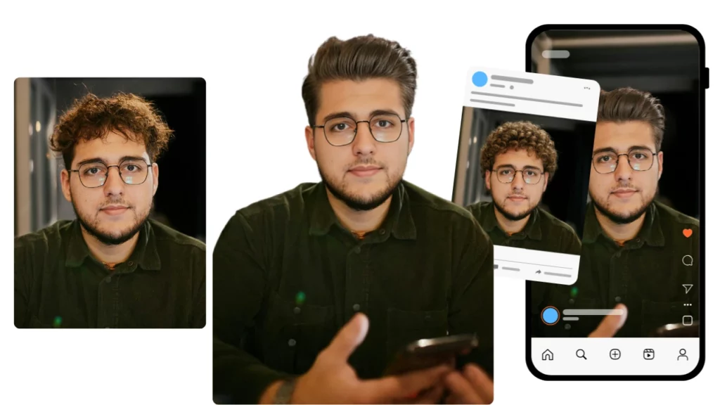 Verwenden des KI-Haarschnittfilters von PiktID auf einem Bild eines jungen Mannes mit Brille unter Verwendung einer Social-Media-Instagram-Vorgabe