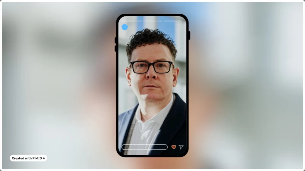 Verwendung einer Social-Media-Vorgabe eines mit PiktID erstellten Story-Formats eines Bildes eines Geschäftsmannes mit blauem Anzug und schwarzer Brille