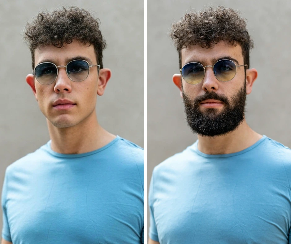 Comparación lado a lado de un hombre joven con gafas de sol y cabello rizado, a la izquierda el hombre está bien afeitado y a la derecha el mismo hombre tiene barba