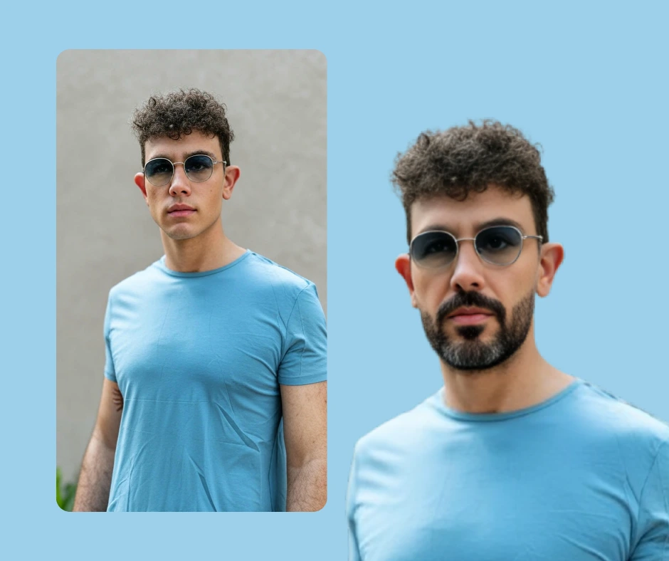 Antes y después de usar el filtro de barba de PiktID en una imagen de un hombre con camiseta azul y gafas de sol