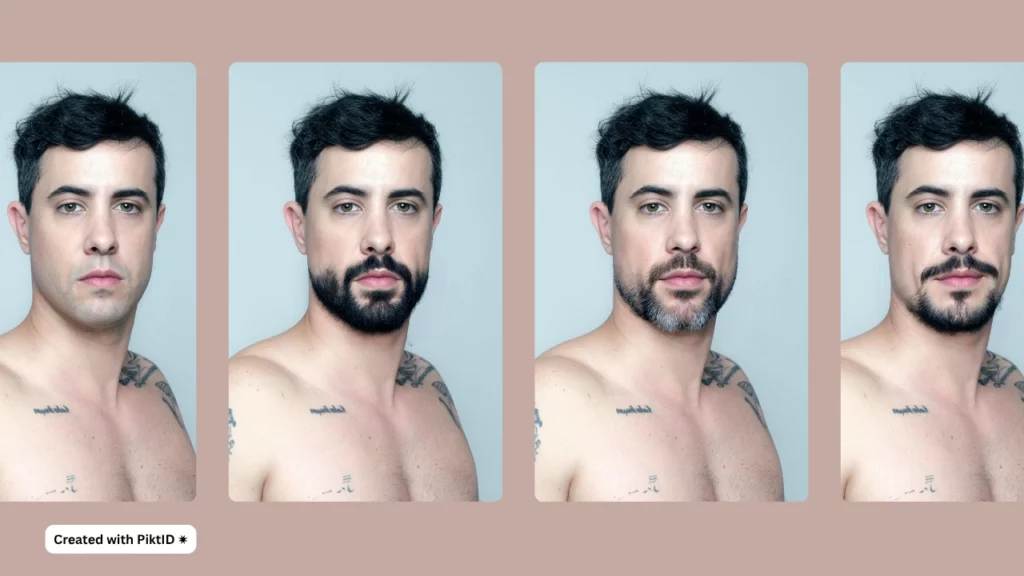 Cuatro imágenes de un hombre sin camisa con tatuajes y diferentes estilos de barba creadas con el filtro de barba de PiktID