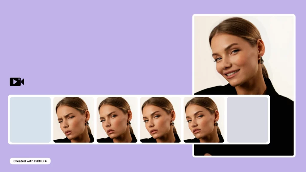 Utilizzo dell'intelligenza artificiale per la correzione del viso su un'immagine di una donna con orecchini, abito nero e un album