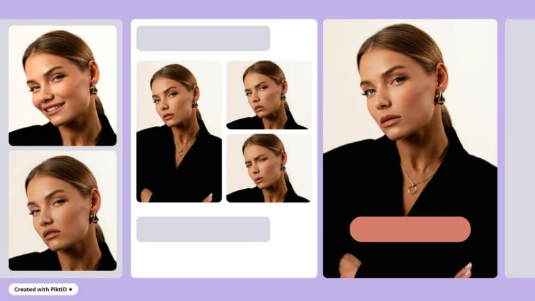 Utilisation de PiktID Studio comme IA de correction de visage sur une image d'une femme blonde avec un costume noir et des boucles d'oreilles avec plusieurs images