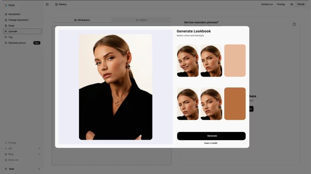 Genera screenshot del Lookbook dell'interfaccia di PiktID mentre un popup mostra una ragazza bionda con un blazer nero