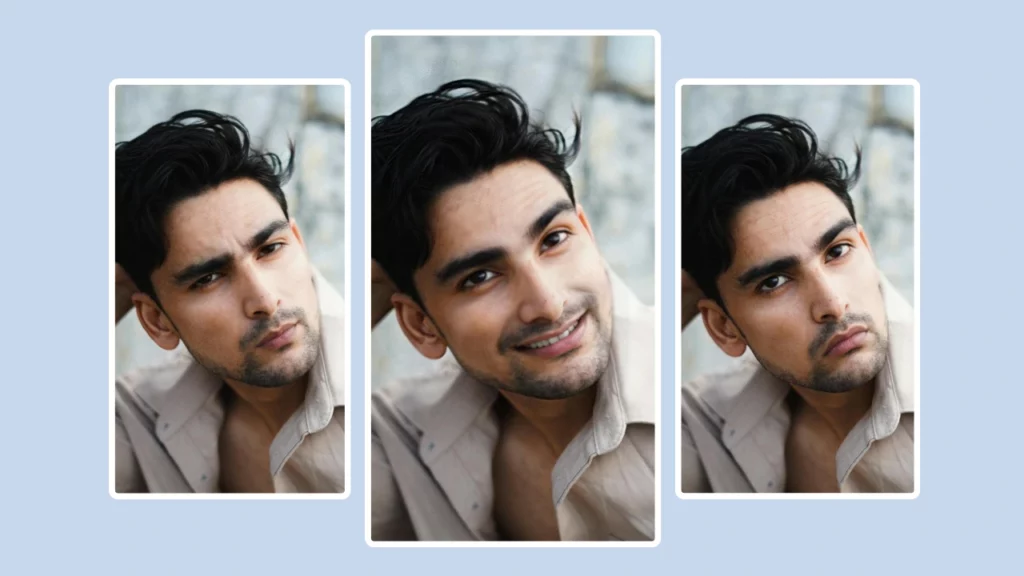 Giovane uomo con capelli neri ondulati con una camicia color crema con tre immagini una accanto all'altra utilizzando l'intelligenza artificiale per la correzione del viso