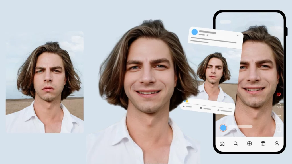 L'immagine triste di un ragazzo con i capelli lunghi biondi è stata trasformata in un'espressione felice utilizzando la funzione di modifica dell'espressione di PiktID