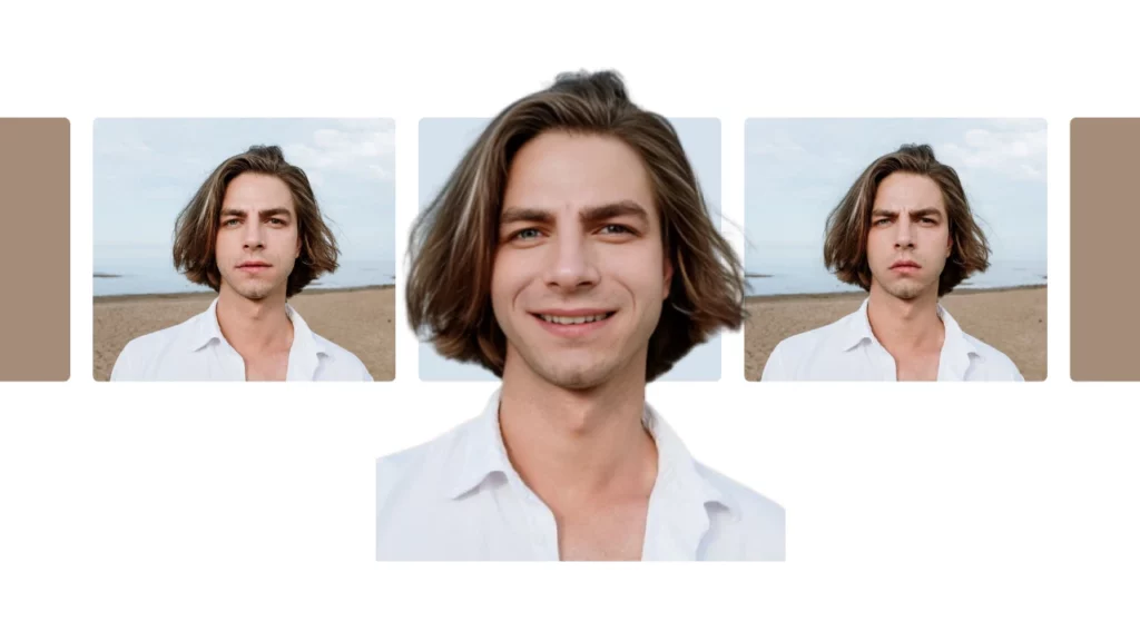 Immagine ingrandita di un uomo con i capelli lunghi e uno sfondo trasparente che sorride mentre ha altre due immagini dello stesso ragazzo con espressioni tristi e neutre usando l'intelligenza artificiale per la correzione del viso.