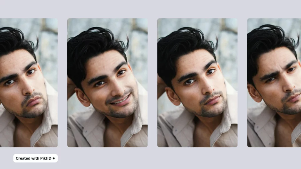 Quattro immagini allineate una accanto all'altra di un uomo con i capelli neri e una camicia marrone chiaro in posa per una foto