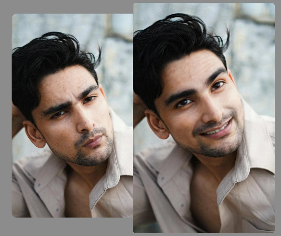 L'uomo con un'espressione strana è diventato felice usando la funzione di modifica dell'espressione di PiktID