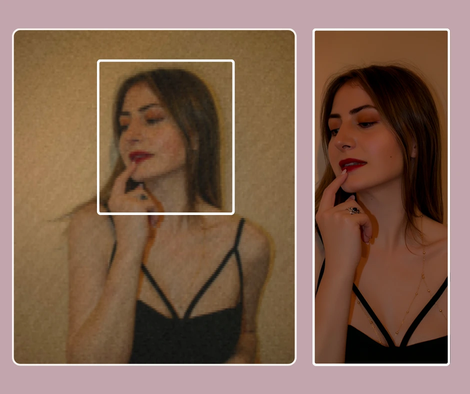 Donna in abito nero in posa per una foto. A sinistra un'immagine sfocata e grezza della ragazza e a destra la stessa donna con un'immagine migliorata e nitida.