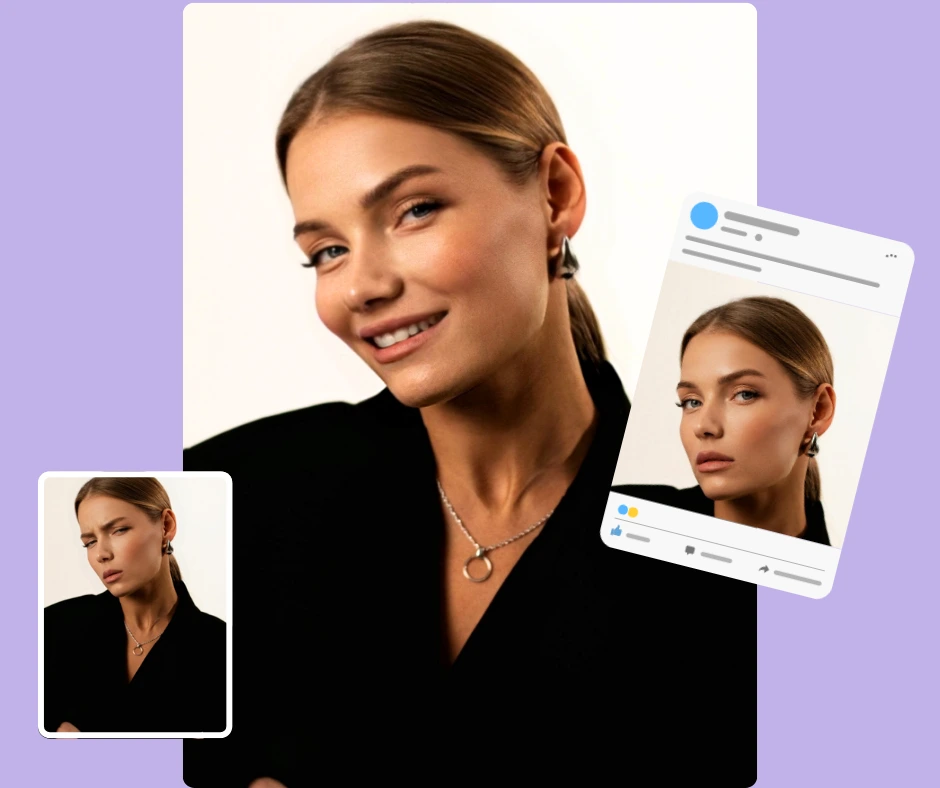 Donna in cappotto nero da un'espressione strana a felice usando PiktID e con un preset Instagram