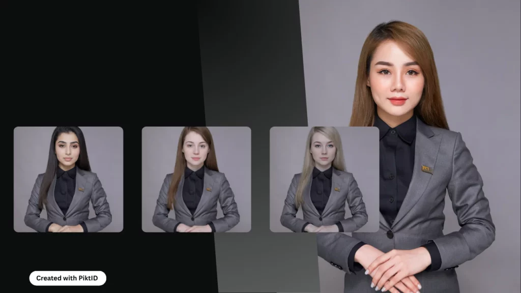 Del tutorial sobre cómo crear un influencer de IA usando PiktID, tres pestañas de mujeres con diferentes identidades y una imagen ampliada de la misma mujer en el lado derecho.