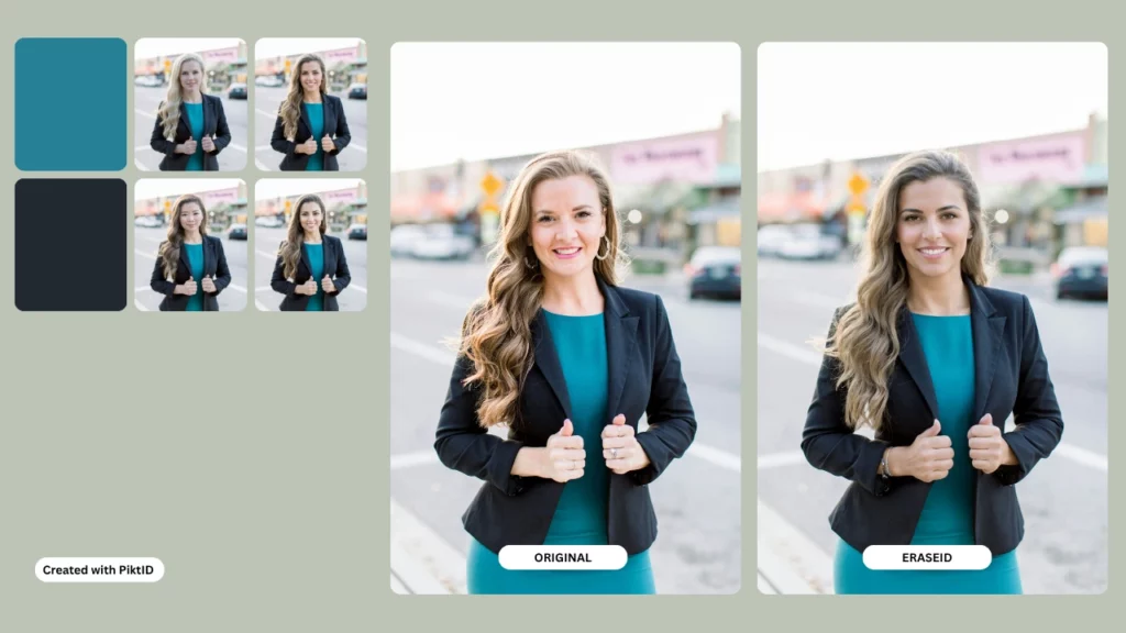 4 imágenes en la parte izquierda que indican imágenes creadas con PiktID, en el centro podemos ver una mujer rubia con traje azul y vestido verde azulado con una etiqueta 'Original' y junto a ella a la derecha una mujer similar con una identidad diferente creada usando EraseID