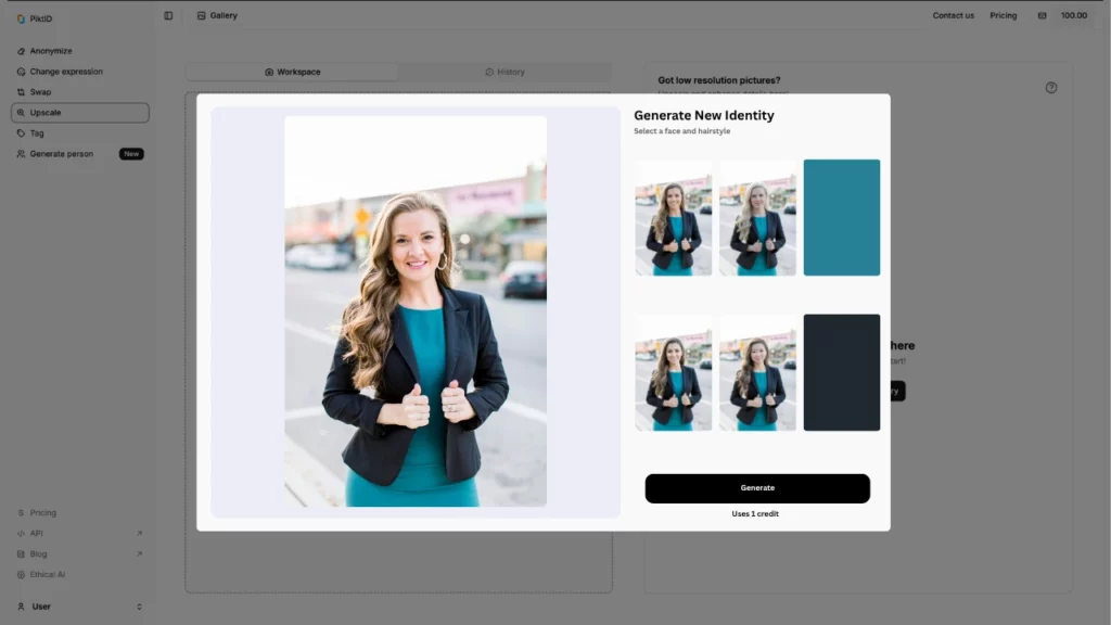 Genere una nueva identidad usando PiktID del tutorial sobre cómo crear un influencer de IA