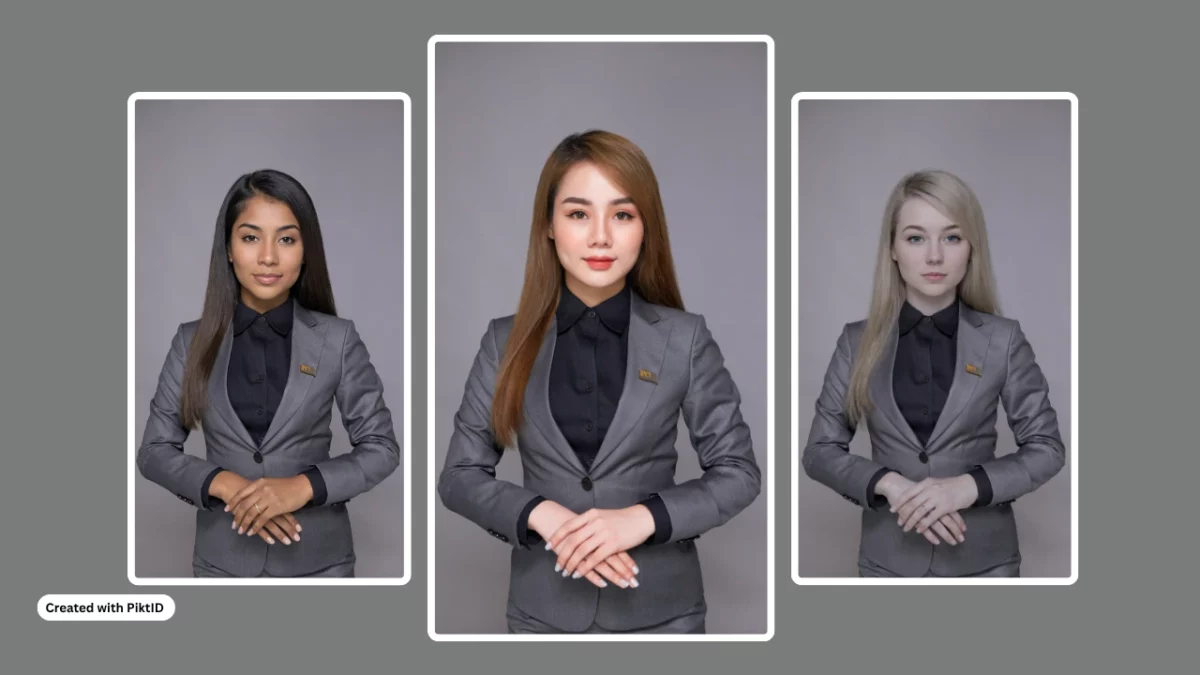 Tres mujeres con el mismo atuendo apiladas una al lado de la otra con diferentes identidades y de diferentes etnias creadas con PiktID